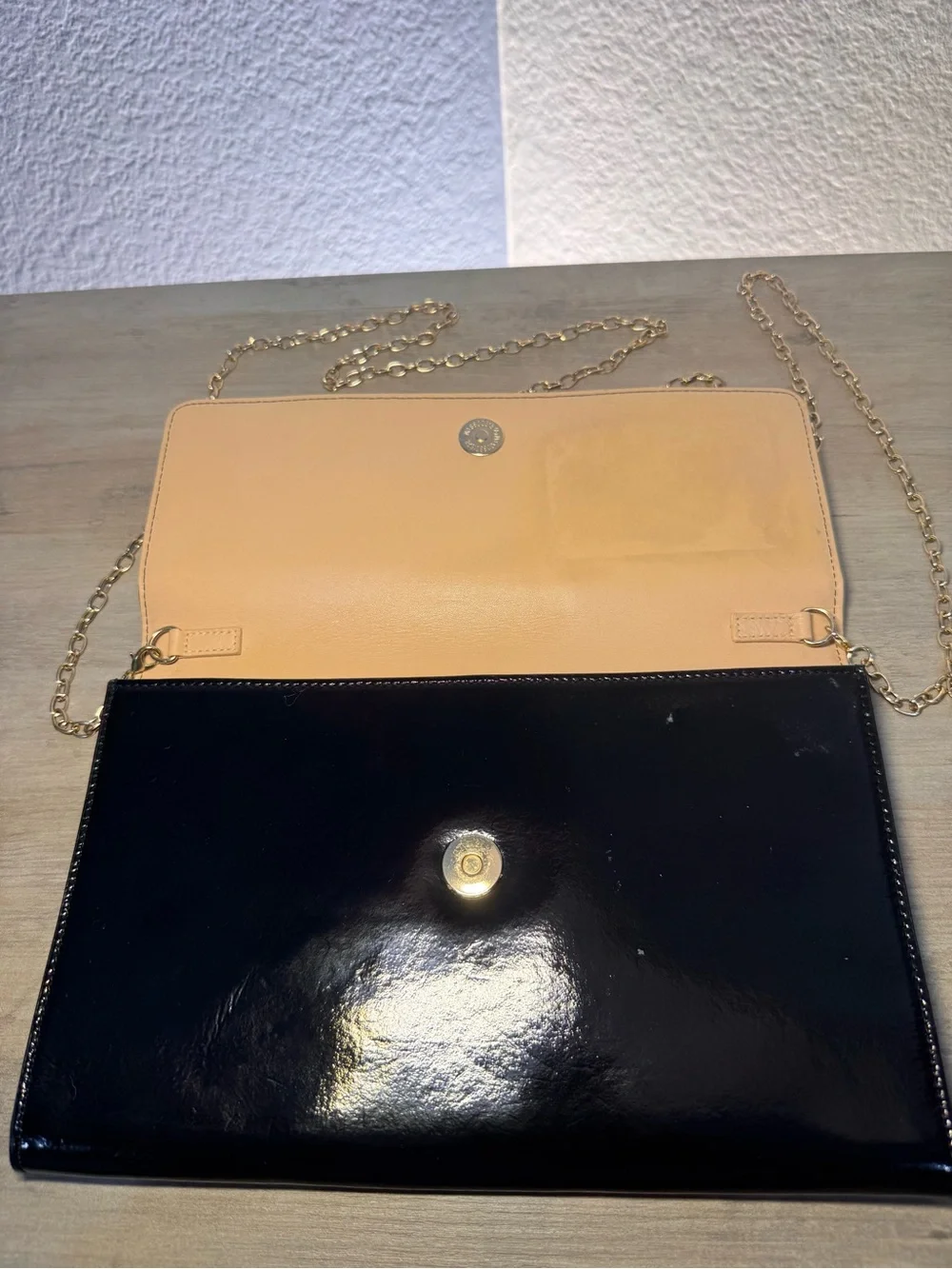 Halogen Black Patent Leather Wallet Clutch Crossbody Gold Chain Envelope Bag